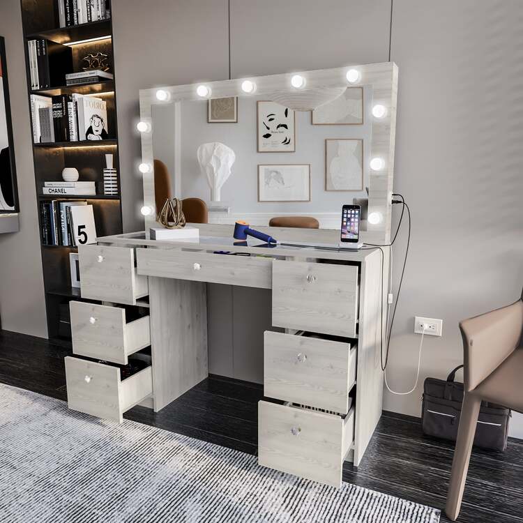 Boahaus Yara Large Makeup Vanity Desk with Mirror, Hollywood