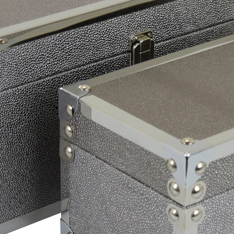 Benjara Mecca Storage Box Set of 2, Rivet Accents, Chrome Metal