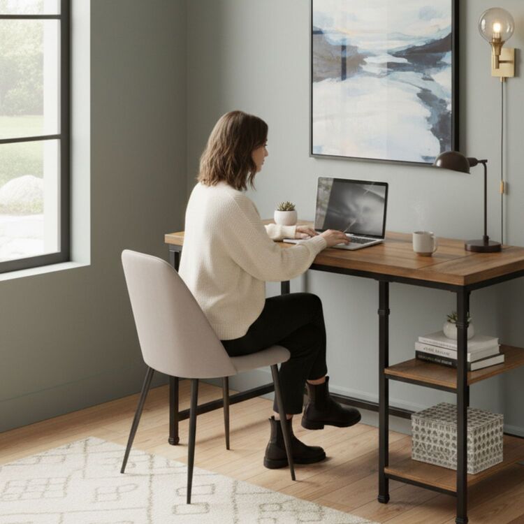 Truva Ironvale Industrial Writing Desk with Open Shelves and Metal ...