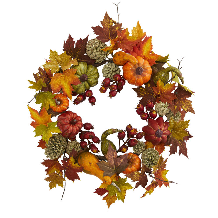 Nearly Natural 24 Pumpkin Gourd Berry Maple Leaf Wreath