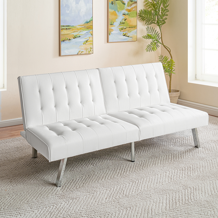 Tufted Split Back Futon Sofa Bed Linen Faux Leather Couch image - 1