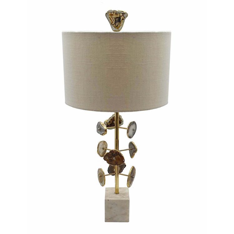 A&B Home Brass and Agate Table Lamp with Drum Fabric Shade - Polished Brass, Agate, White Finish - Beige Shade image - 1
