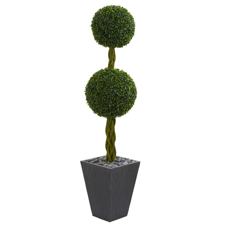 HomeStock 5Ft. Double Ball Coastal Cottage Topiary Artificial Tree in Slate Planter, UV Proof for Indoor/Outdoor Use, 14" x 14" x 60", Regal Greenery. image - 1