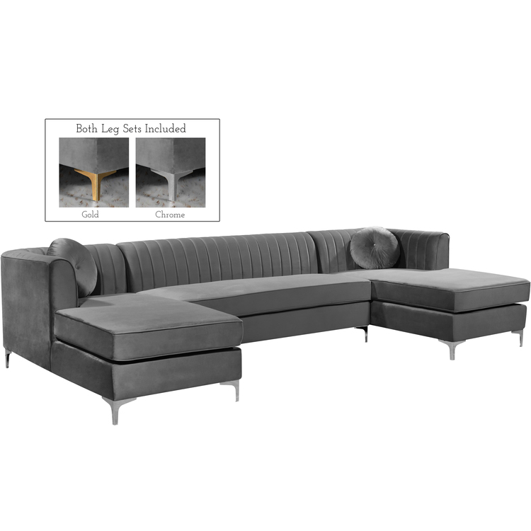 Grey Velvet Sectional Sofa Set with Gold Legs and Channel Tufted Back image - 1