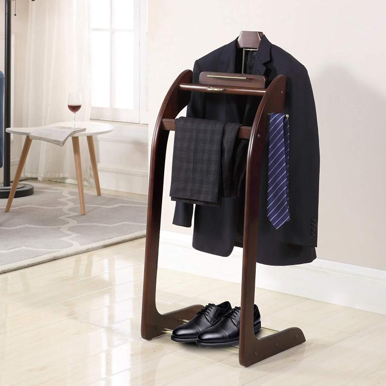 Proman Elegant Walnut Valet Stand with Brass Accents - OJCommerce.com