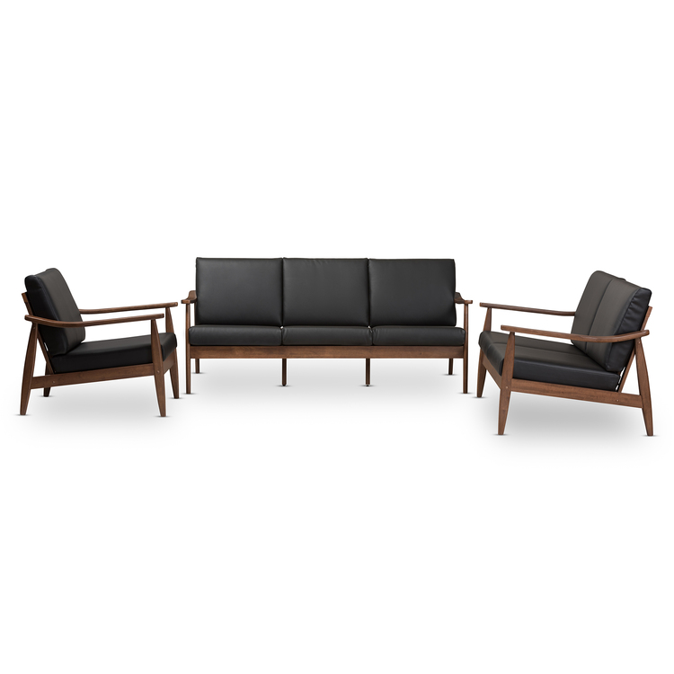 Mid-Century Modern Walnut & Black Faux Leather Sofa Set