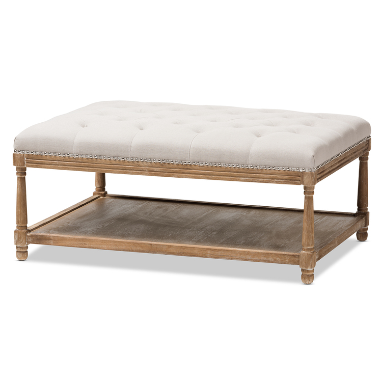 French Country Beige Weathered Oak Coffee Table Ottoman