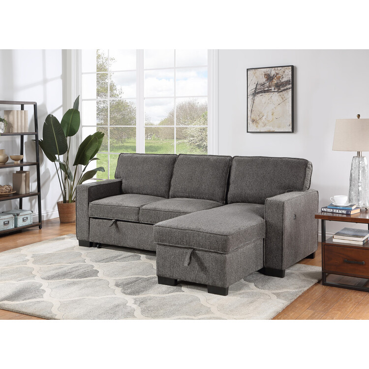 Lilola Home Estelle Fabric Sofa Reversible Storage Chaise PullOut Sleeper with DropDown Table