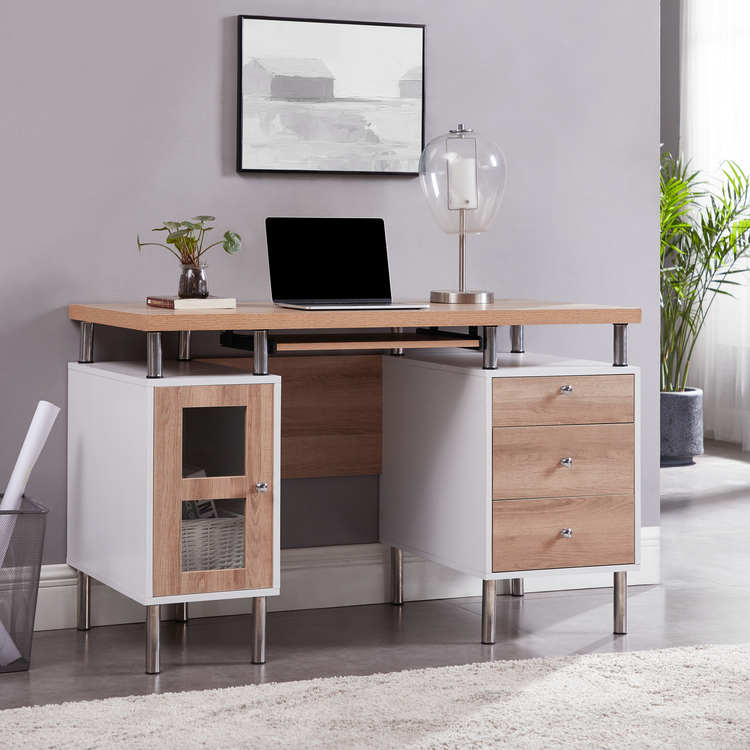 Contemporary Computer Desk with Storage and Glass Doors image - 1
