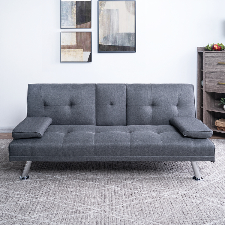 Convertible Futon Sofa Bed with Armrest and Cup Holders