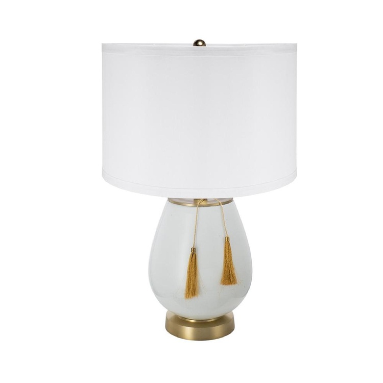 A&B Home Table Lamp with Drum Shade and Two Tassel Accents - 14" x 14" x 22.2" - White/Gold image - 1