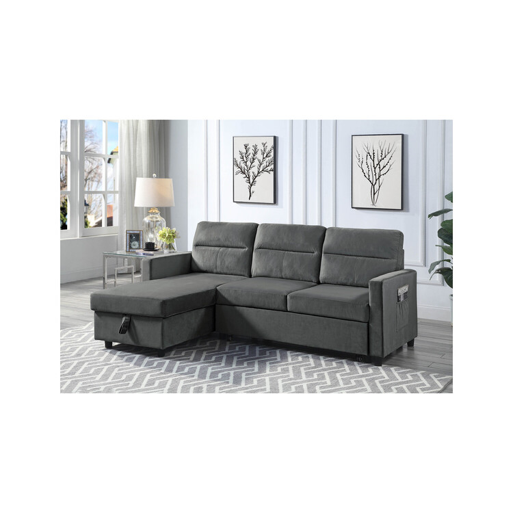 Lilola Home Ivy Velvet Reversible Sleeper Sectional Sofa with Storage Chaise and Side Pocket