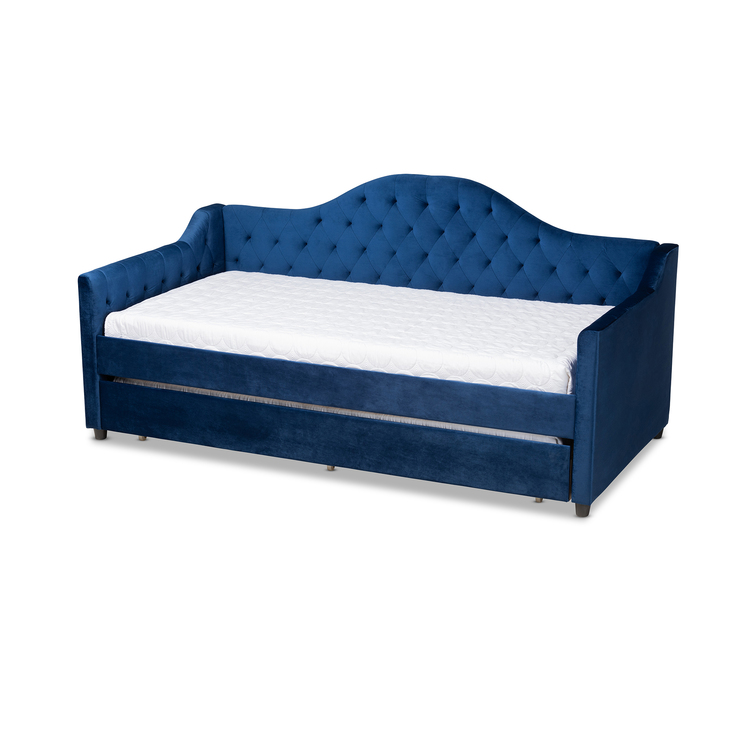 Baxton Studio Perry Modern and Contemporary Navy Blue Velvet Fabric Upholstered and Button Tufted Twin Size Daybed with Trundle image - 1