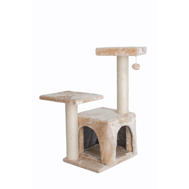 Cat Tree 32" Wood Condo - Beige Indoor Kitty Tower, Scratching Post, Perches for Kittens image - 1
