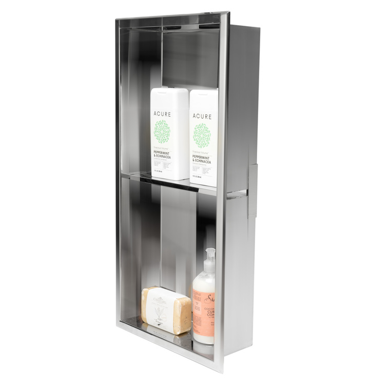 ALFI brand 12 x 24 Polished Stainless Steel Vertical Double Shelf Bath Shower Niche image - 1