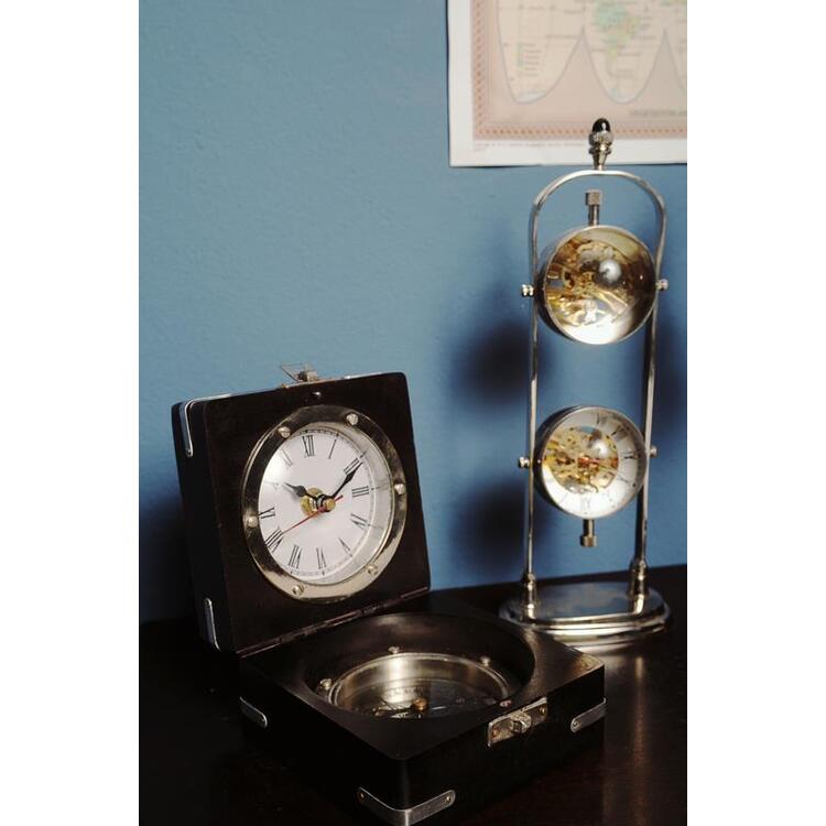 Old Modern Handicrafts Brass Compass & Clock W/Wooden Case image - 1