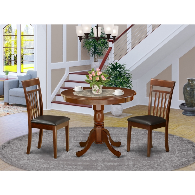 ANCA3-MAH-LC 3Pc Rounded 36 Inch Kitchen Table And Two Faux Leather ...