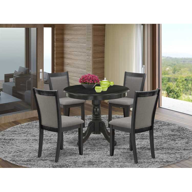 5 Piece Dinette Set - Round Table & 4 Linen Chairs - Black/Grey image - 1