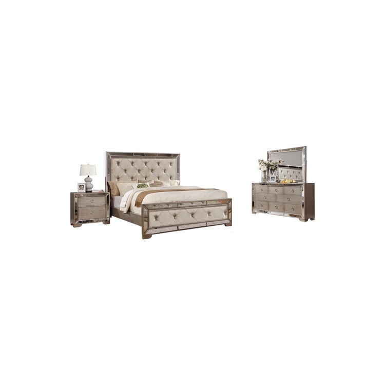 Best Master Furniture Ava Mirrored Silver Bronzed 5Piece Bedroom Set, Eastern King