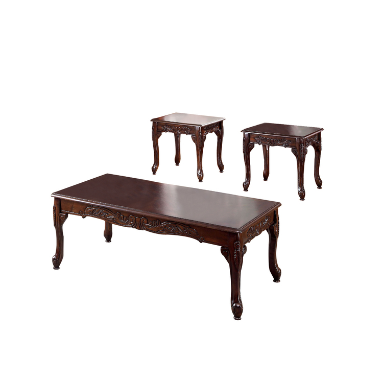 Benzara 3 Piece Occasional Wooden Table Set with Engraved Details, 1 Coffee Table and 2 Side Tables, Cherry Brown image - 1