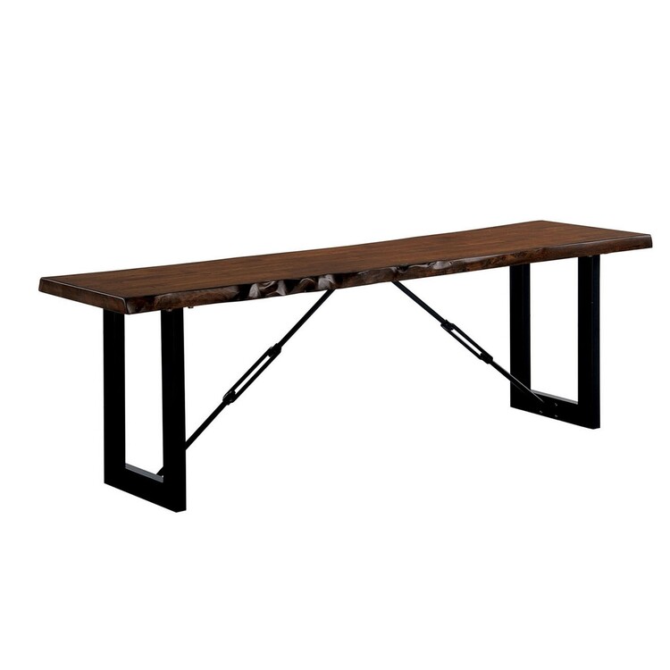 Metal Industrial Bench with Wooden Seat | Brown and Black - Benzara image - 1