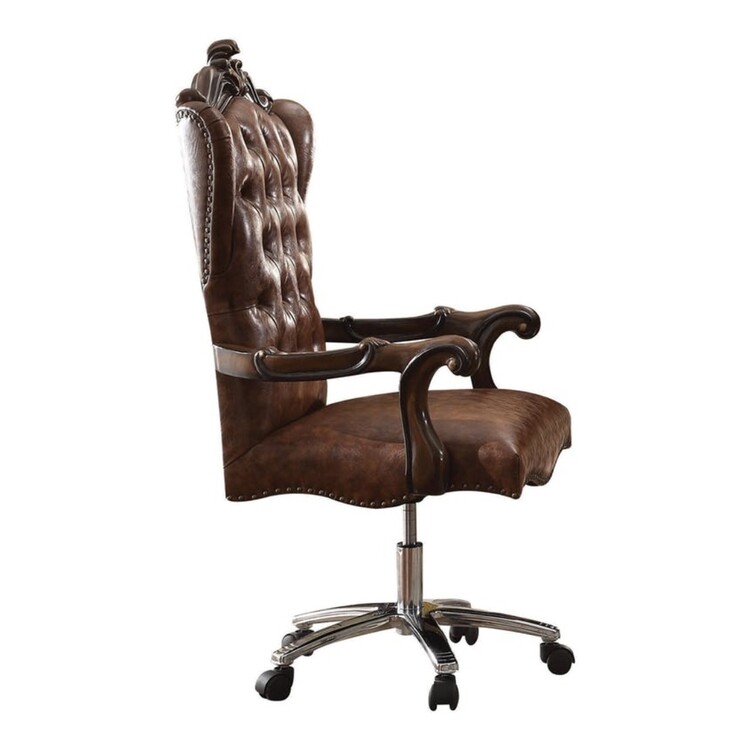 Benzara Faux Leather Upholstered Wooden Executive Chair With Swivel, Cherry Oak Brown image - 1