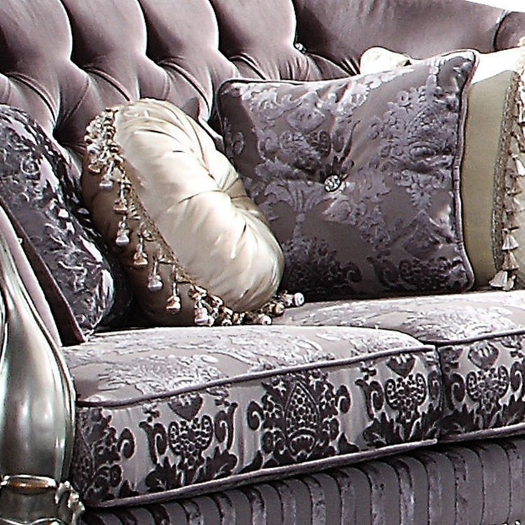 Benjara Velvet Tufted Wooden Loveseat with Carved Details, Purple and Silver image - 1