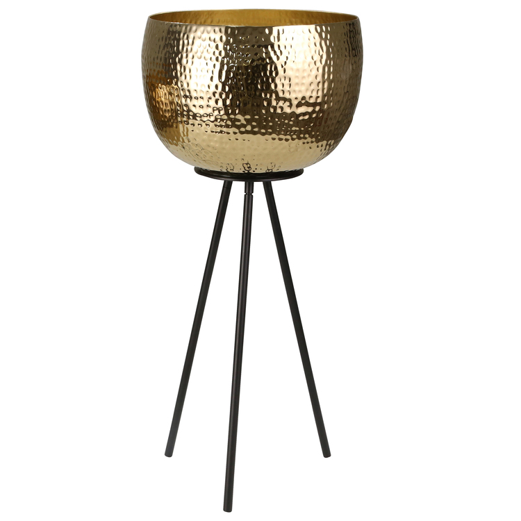 Benjara Hammered Textured Metal Bowl Planters on Tripod Base, Set of 2, Gold and Black image - 1