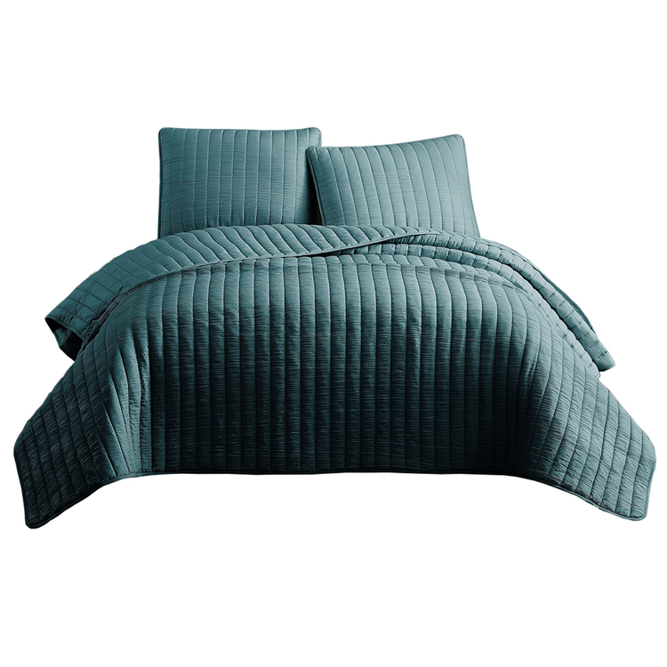 Benjara 3-Piece Crinkle King Coverlet Set Turquoise Blue