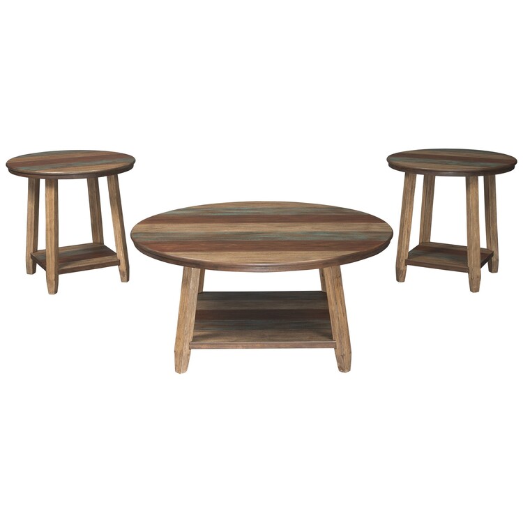 BenJara Rustic Plank Style Round Shape Cocktail and 2 End Tables Set