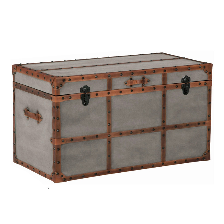Benjara 33.5 Inches Wooden Storage Trunk with Bolt Trim, Gray image - 1