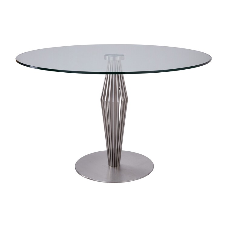BenJara Round Glass Top Dining Table with Geometric Pedestal Base, Silver image - 1