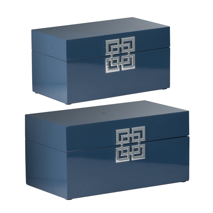 BenJara Neo 14, 11 Inch Set of 2 Decorative Boxes, Geometric Metal Accents, Blue image - 1