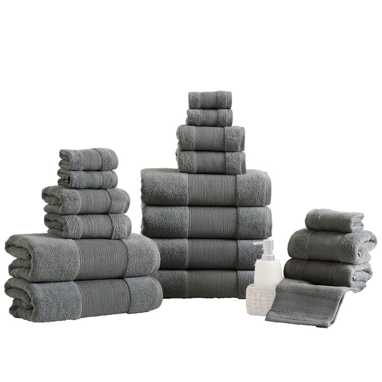 Benjara Lyra 18 Piece Ultra Soft Towel Set, Absorbent Textured Cotton, Charcoal image - 1