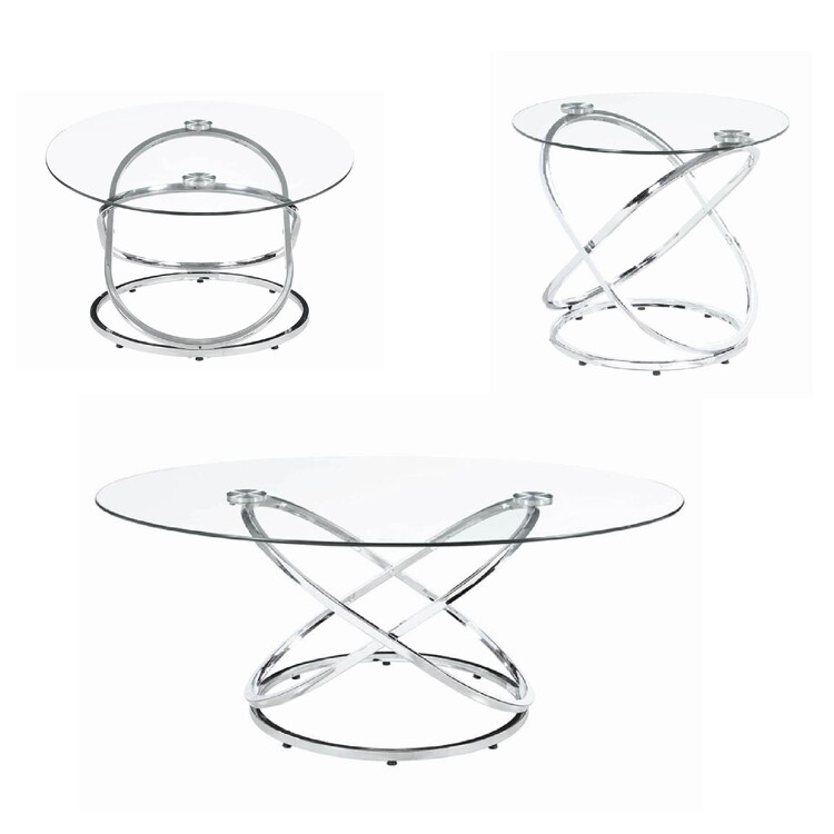 Benjara Modern 3 Piece Coffee Table Set with 2 End Tables, Glass Tabletop, Chrome image - 1