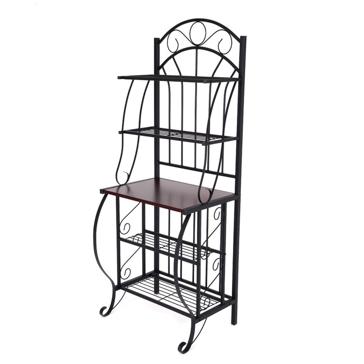 Elegant 5 Tier Bakers Rack with Middle Wood Shelf & Carved Metal Frame image - 1