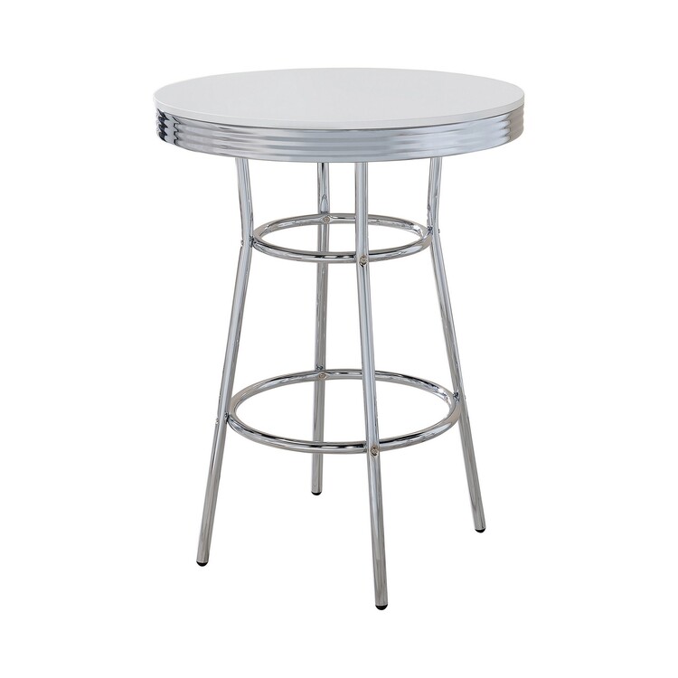 BenJara 42 Inch Round Bar Table, Ribbed Apron, Glossy White Lacquer, Retro Style image - 1