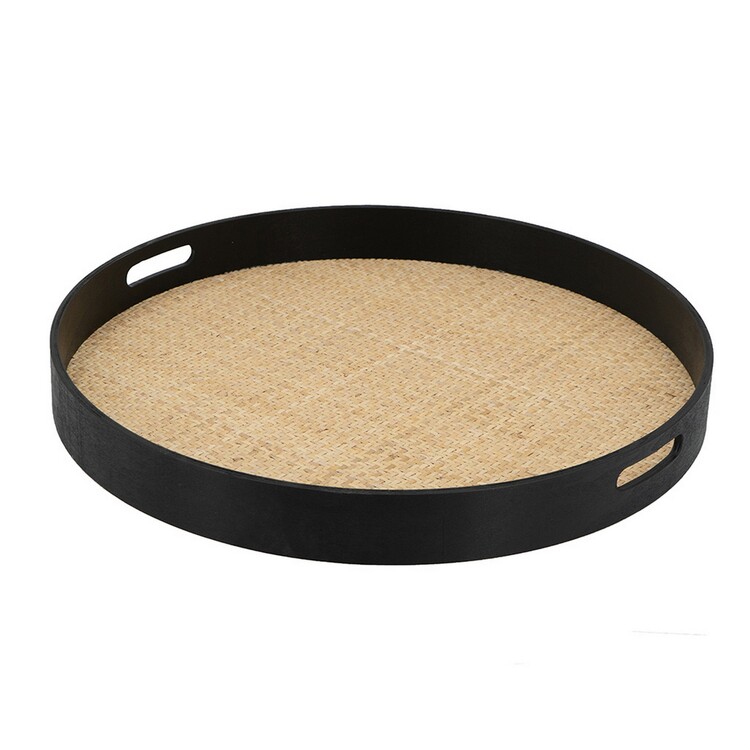 Benjara Zam 20 Inch Round Wood Decorative Tray, Rattan Woven Bottom, Black Finish image - 1