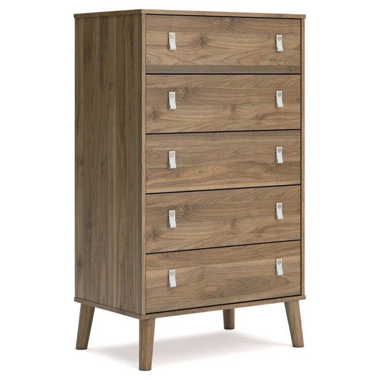 BenJara Nina 51 Inch 5 Drawer Tall Dresser Chest, Gray Faux Leather Handles, Brown image - 1