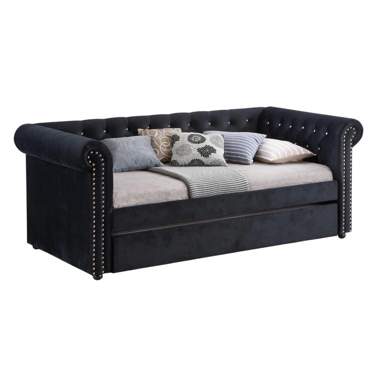 BenJara Loe Daybed w Pull Out Trundle, Chesterfield Black Velvet Upholstery image - 1