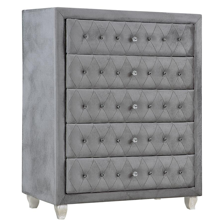 Benjara Zoha 49 Inch Tall Dresser Chest, 5 Drawer, Cabriole Legs, Gray Upholstery image - 1