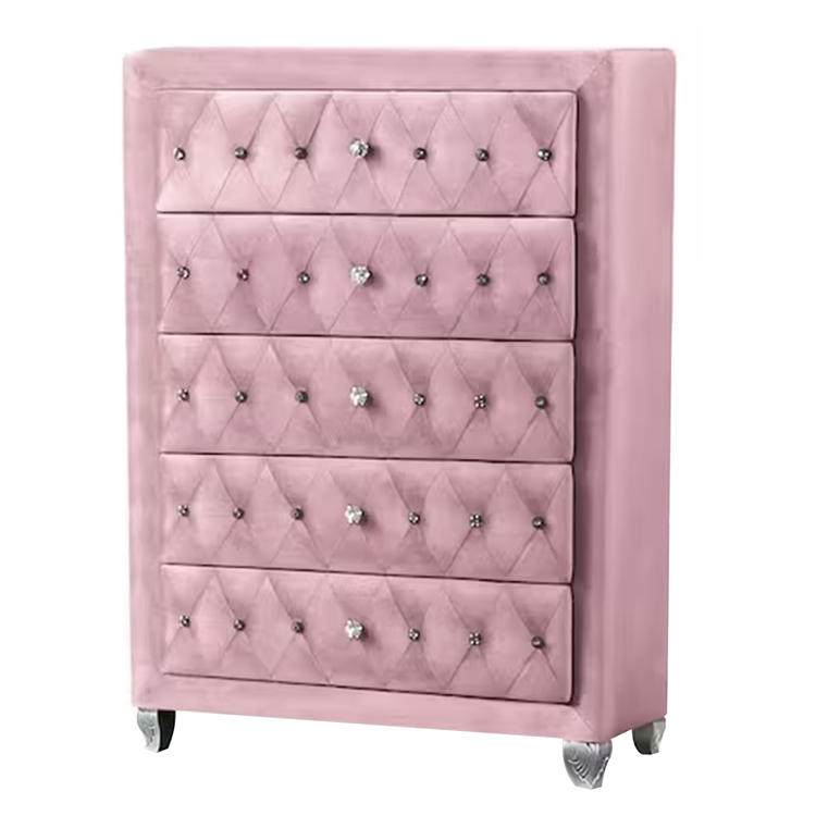Benjara Zoha 49 Inch Tall Dresser Chest, 5 Drawer, Cabriole Legs, Pink Upholstery - OJCommerce.com Benjara Zoha 49 Inch Tall Dresser Chest, 5 Drawer, Cabriole Legs, Pink Upholstery - OJCommerce.com