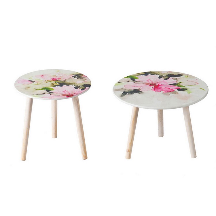 BenJara Byle 16, 20 Inch Side Table Set of 2, Floral Design, Pink and White image - 1
