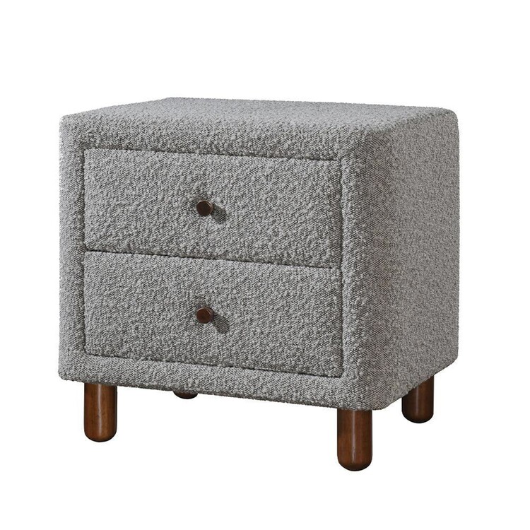 BenJara Lyno 20 Inch Nightstand, 2 Drawers, Brown Legs, Gray Boucle Upholstery image - 1