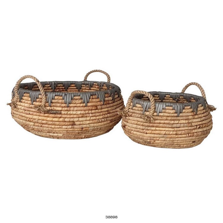 BenJara Decorative Storage Basket Set of 2, Handwoven Water Hyacinth Fiber, Brown image - 1