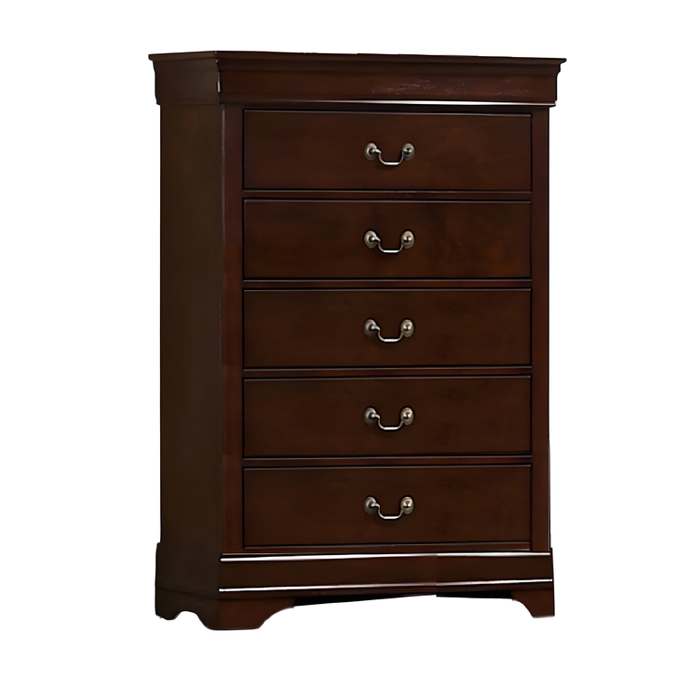 Ryla Tall Dresser Chest, 5 Drawers, Metal Handles, Cherry Brown Solid Wood Ryla Tall Dresser Chest, 5 Drawers, Metal Handles, Cherry Brown Solid Wood