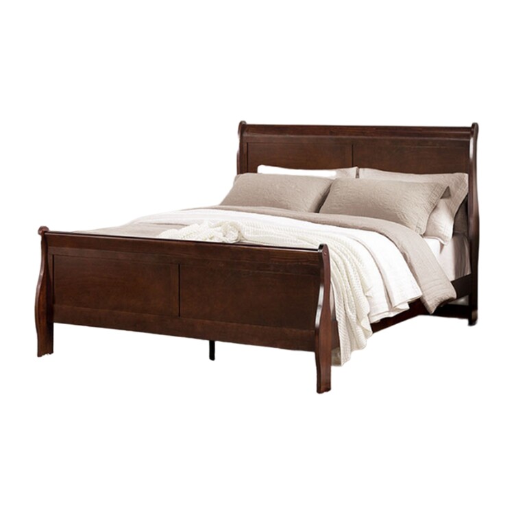 BenJara Ryla Queen Size Bed, Sleigh Panel Headboard, Dark Cherry Brown Solid Wood image - 1