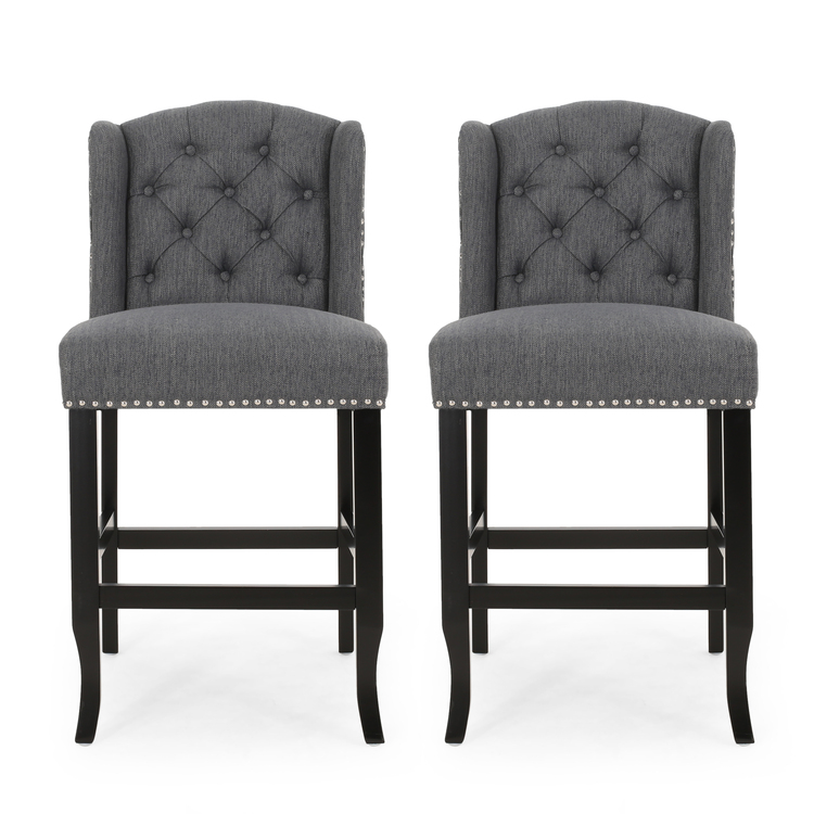 BenJara Seliva Counter Stool Chair Set of 2, Charcoal Gray, Tufted Back, Brown Wood image - 1