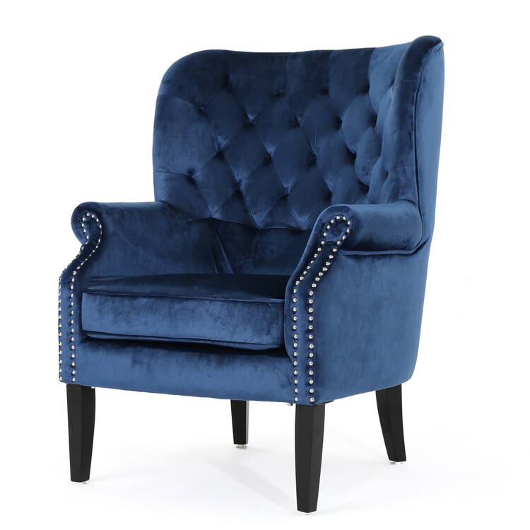 BenJara Nire Accent Club Chair, Nailhead Trim, Brown Birch Wood, Blue Velvet image - 1