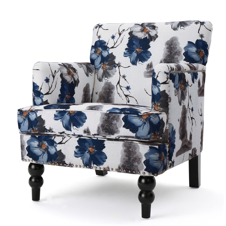 BenJara Lit Accent Chair, Button Tufted Floral White Blue Print, Multicolor image - 1